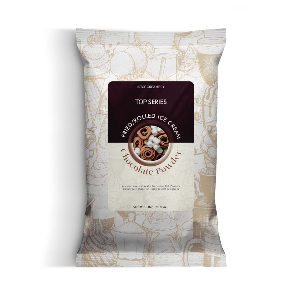Front view of a standing ice cream packaging bag with a beige illustrated pattern and a dark maroon label reading 'TOP SERIES' and 'TOP CREAMERY'.