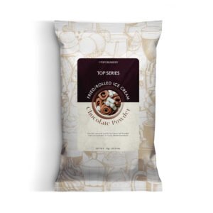 Front view of a standing ice cream packaging bag with a beige illustrated pattern and a dark maroon label reading 'TOP SERIES' and 'TOP CREAMERY'.
