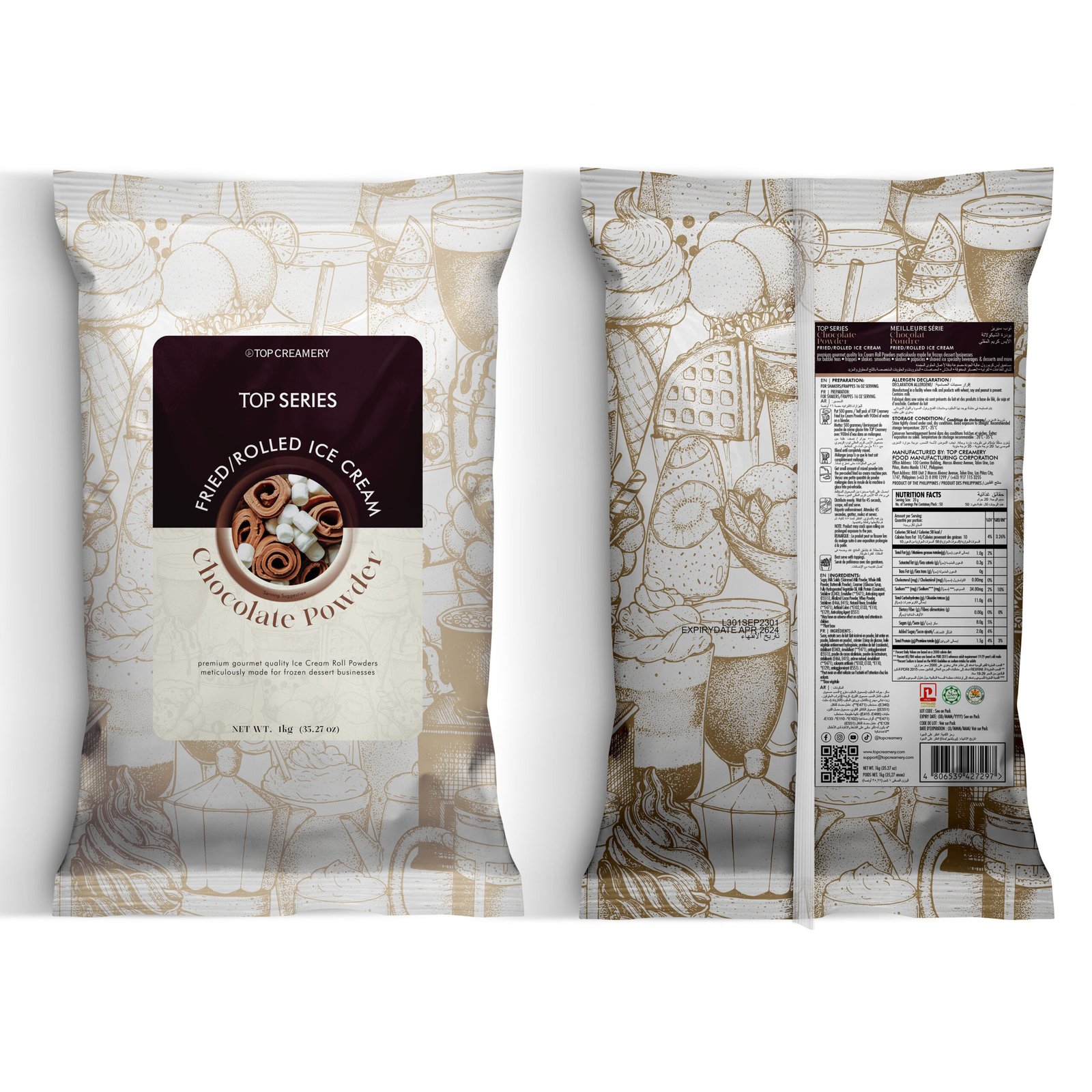 Packaging for Top Creamery Top Series Chocolate Powder ice‑cream mix with beige dessert illustrations on the bag surface.