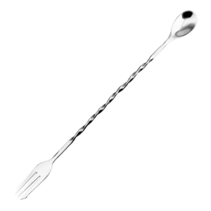 Close-up of a diagonal silver spoon with liquid at the tip, against a white background, macro shot