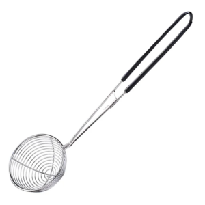 Coiled metal spring whisk with black plastic handles, angled diagonally on a white background