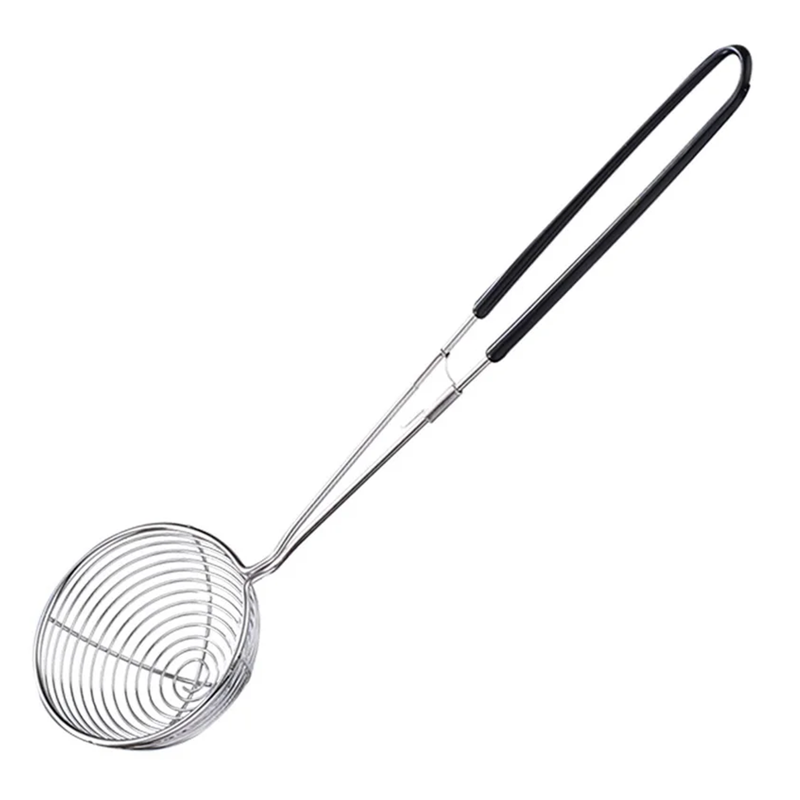 Coiled metal spring whisk with black plastic handles, angled diagonally on a white background
