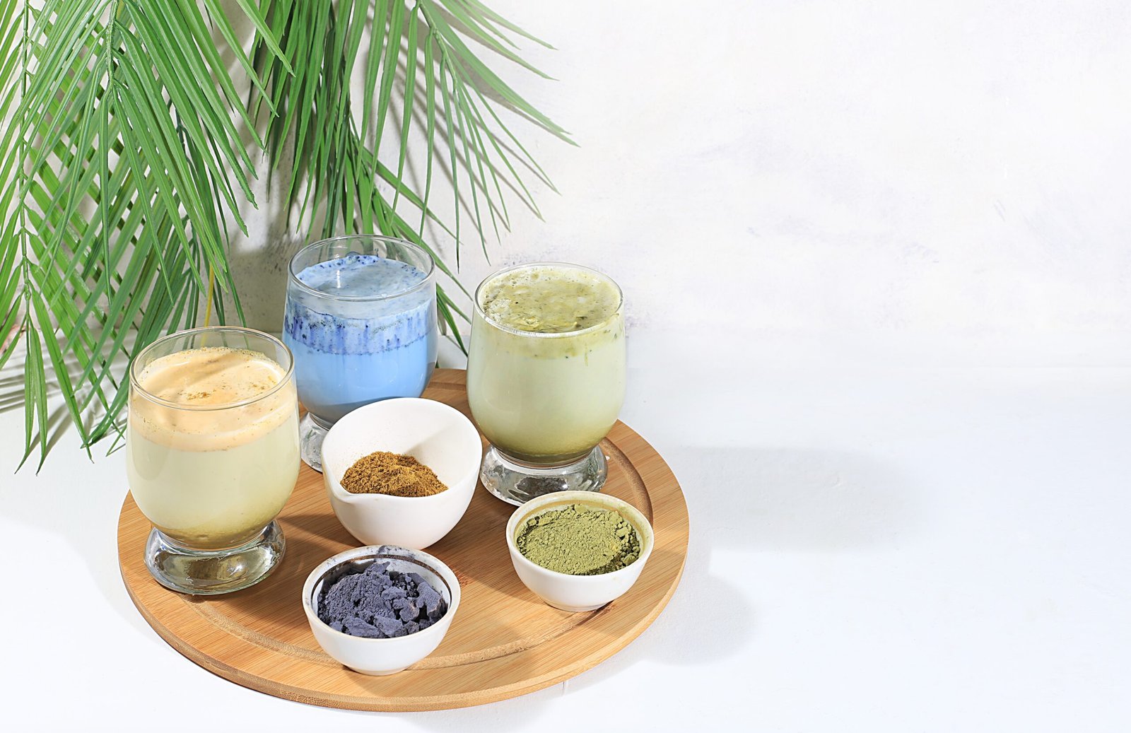 Assortment,Of,Colorful,Japanese,Tea,Latte,With,Milk,,Green,,Blue,