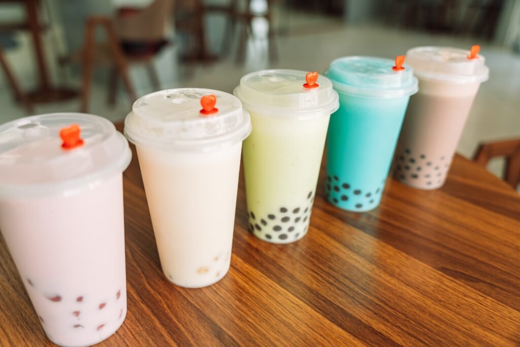 Bubble,Tea,With,Different,Flavors,In,Disposable,Cups,With,Lid
