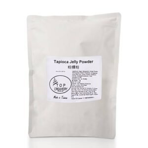 White stand-up pouch labeled 'Tapioca Jelly Powder' with a small Top Creamery logo on a white label — a bag of powder.