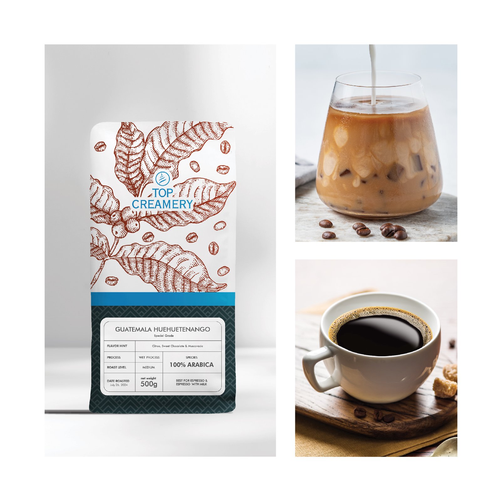 Two-panel image: left shows a white coffee bag with red leaf illustration and blue text, right shows a glass of iced coffee with milk being poured on a wooden surface.