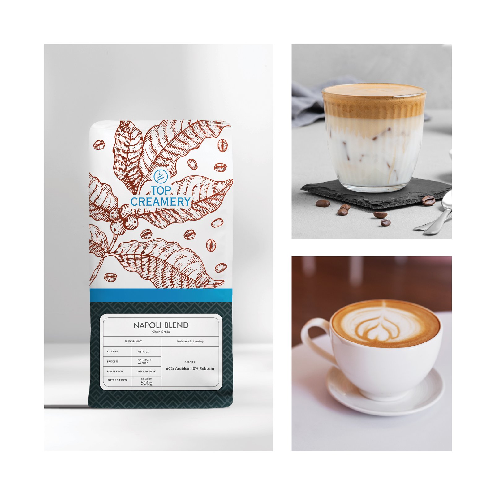 Two-column image: a Napoli Blend coffee bag on the left and a layered latte in a glass on the right.