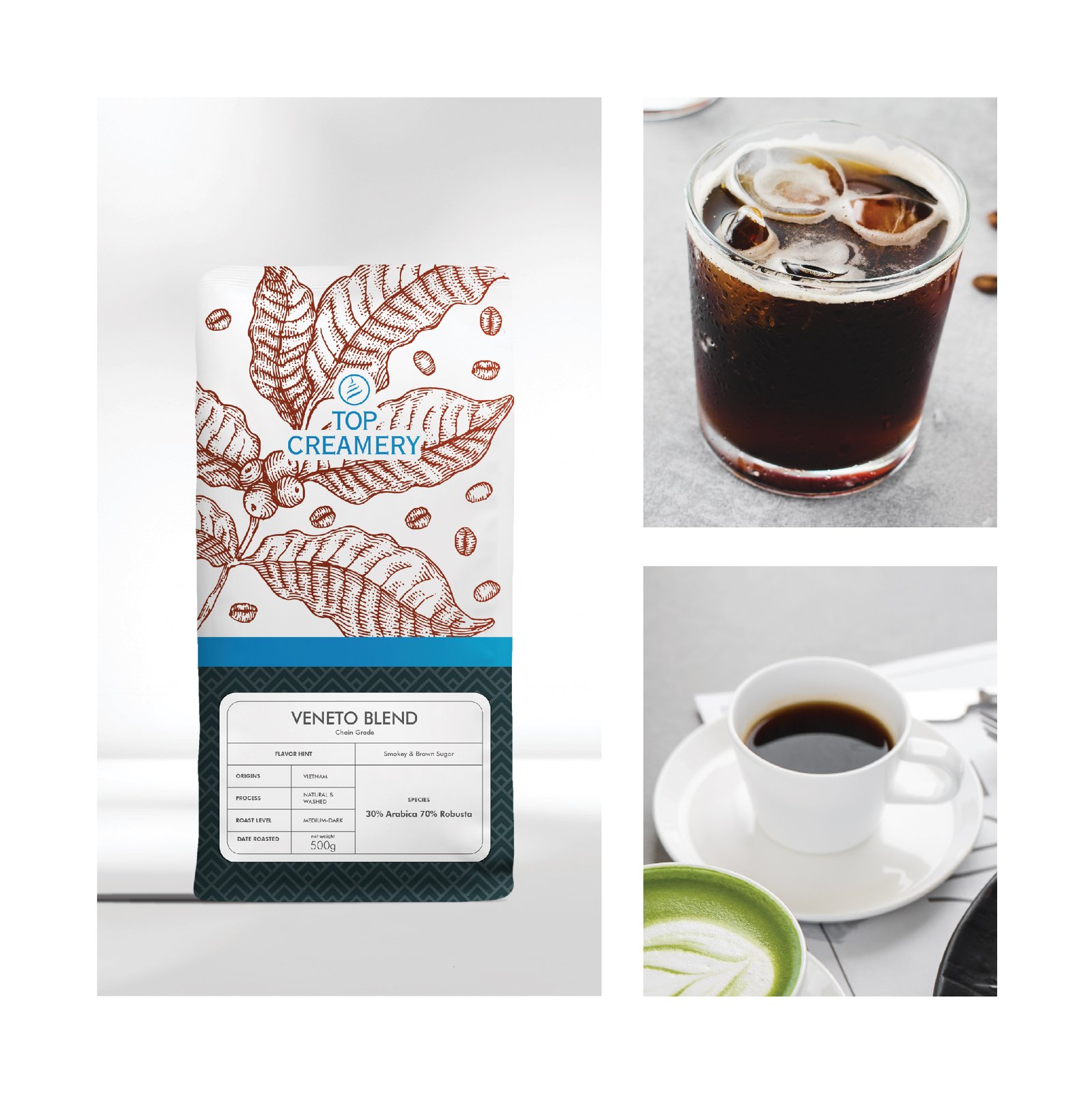 Collage showing a shell-illustrated coffee bag beside a glass of iced coffee.