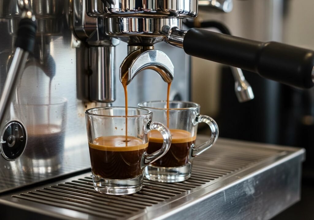 Close-up,Of,A,Professional,Espresso,Machine,Brewing,Two,Fresh,Shots