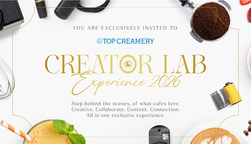 Invitation to Top Creamery Creator Lab Experience 2016, with gold framed typography and a white, kitchen-themed surround edge.