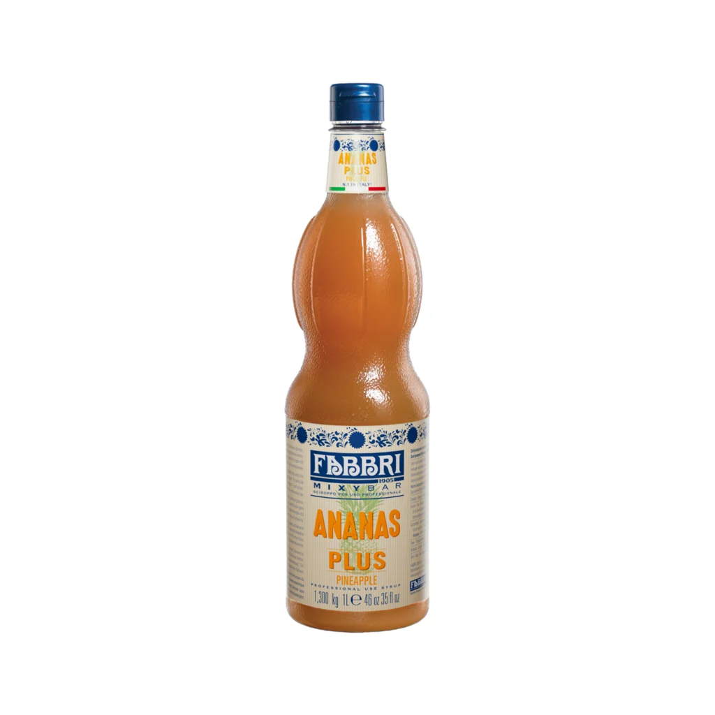 FABBRI Ananas Plus pineapple syrup bottle with blue cap and beige label showing orange text.