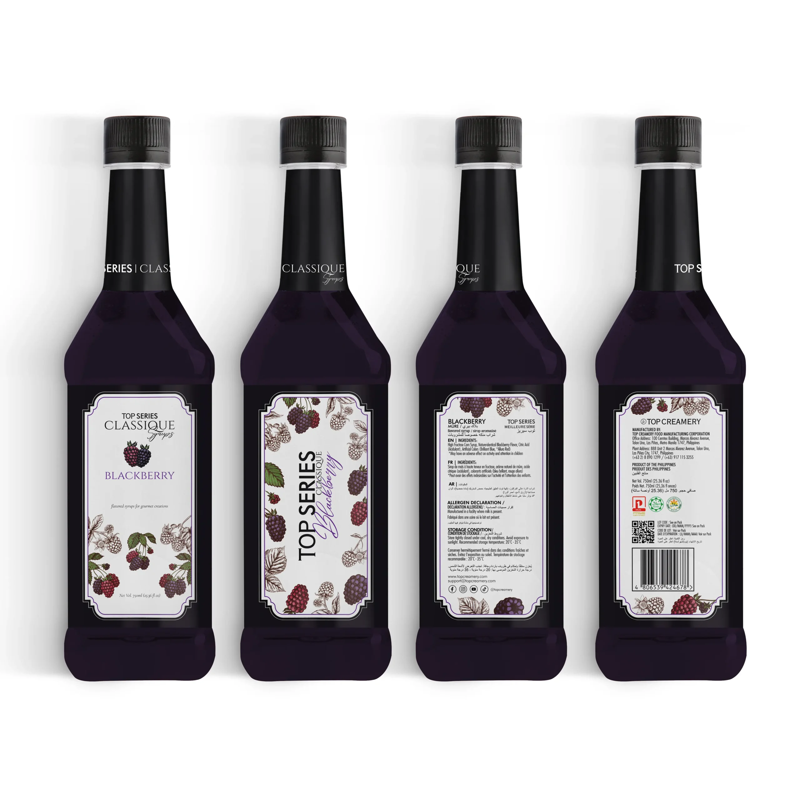 Row of bottles with black caps, front labels showing blackberry illustrations and 'Top Series' branding.