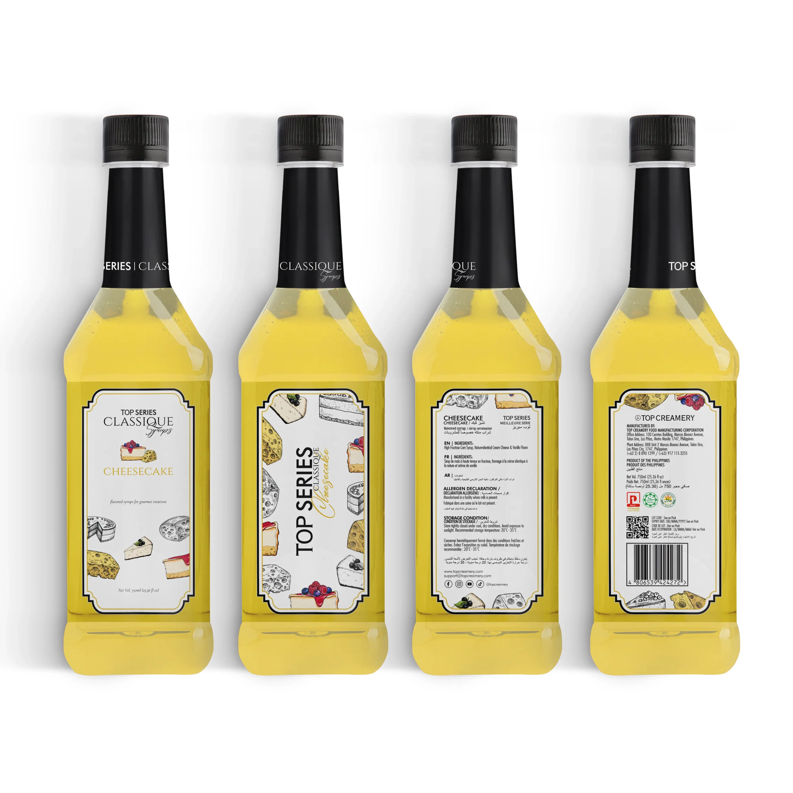 Row of four tall bottles with black caps and yellow labels arranged in a horizontal line, front view, showing dessert illustrations on the labels.