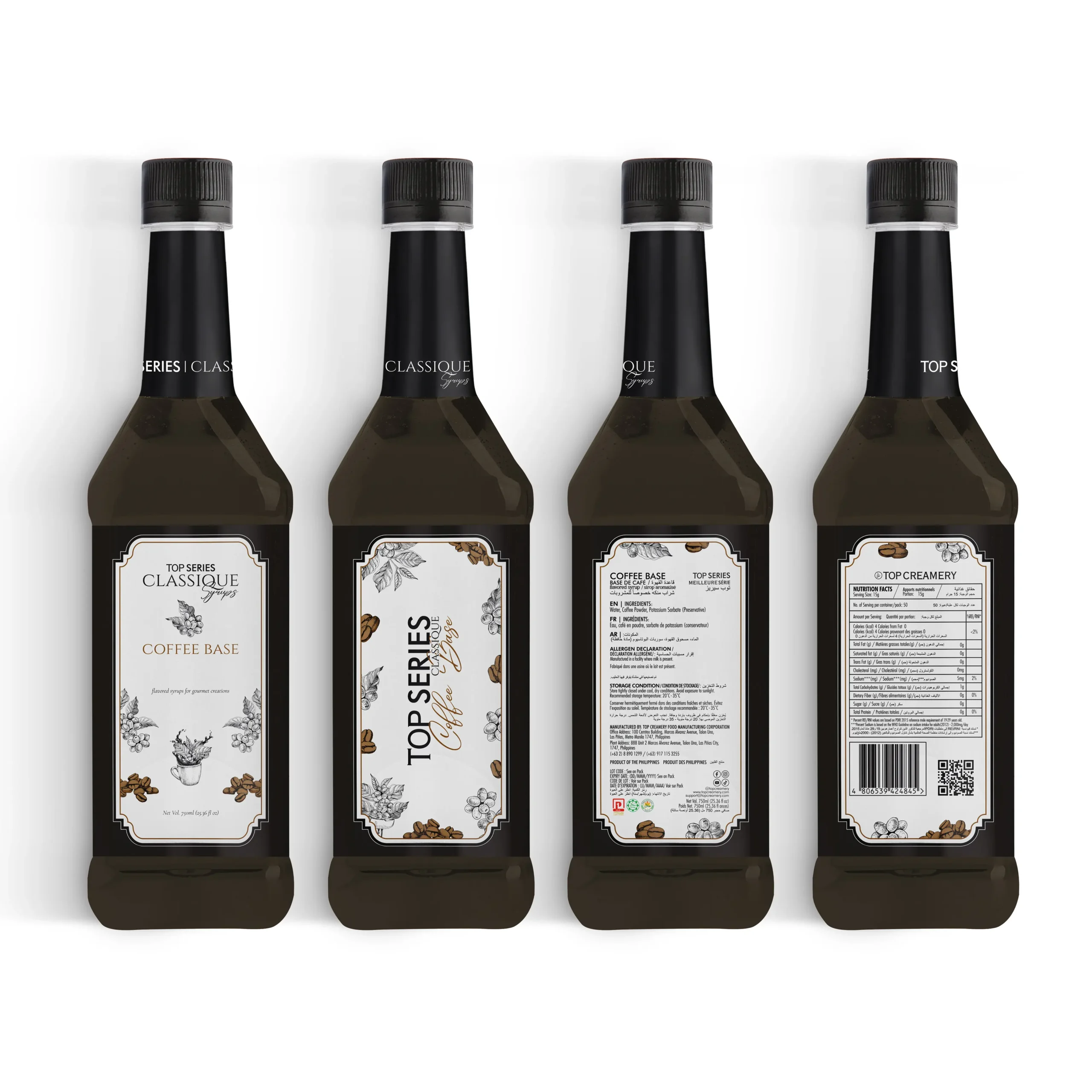 Four syrup bottles lined up in a row with black caps and white decorative labels, part of a Top Series Classique set.