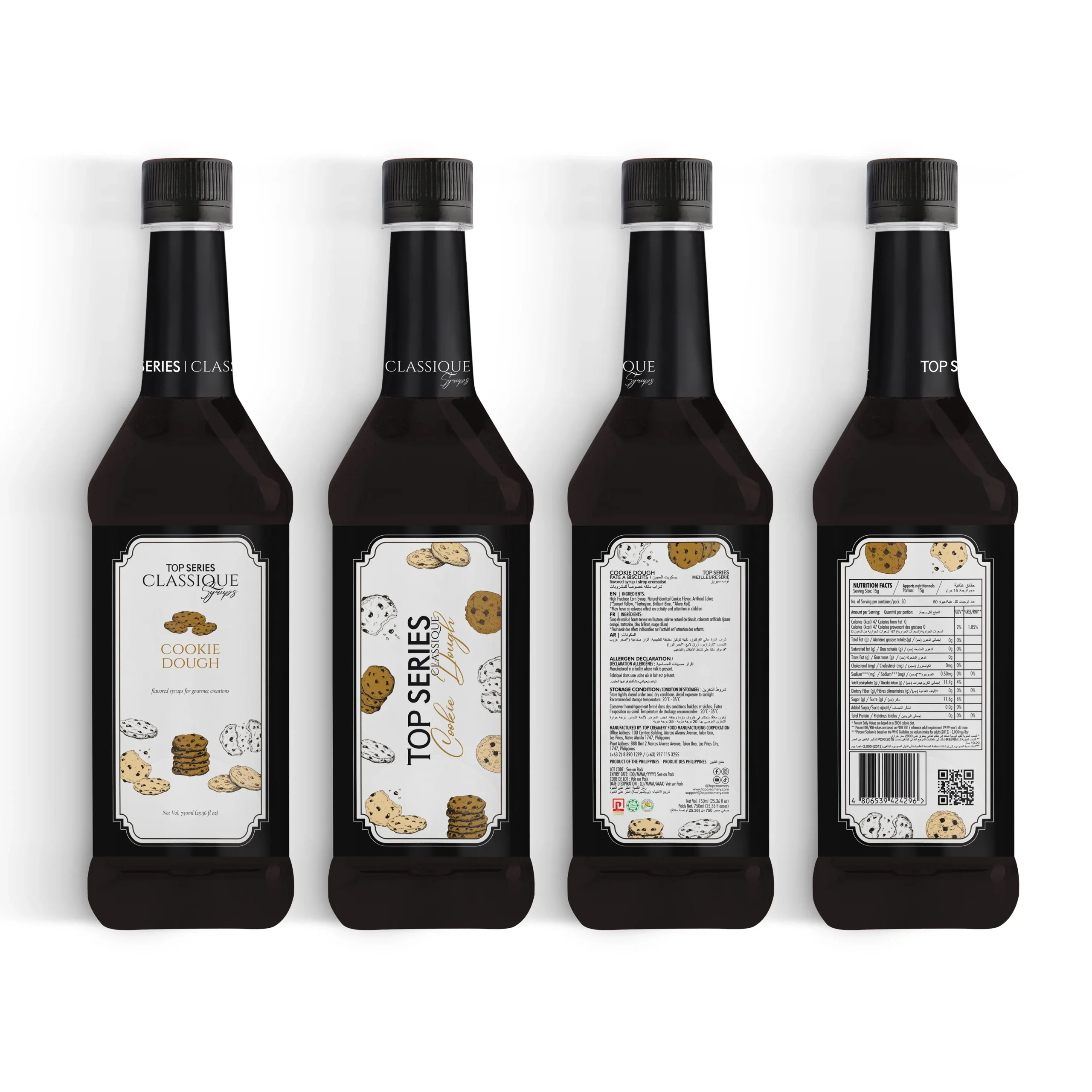 Row of four bottles with black caps, each label featuring cookie-themed illustrations for a cookie dough syrup lineup