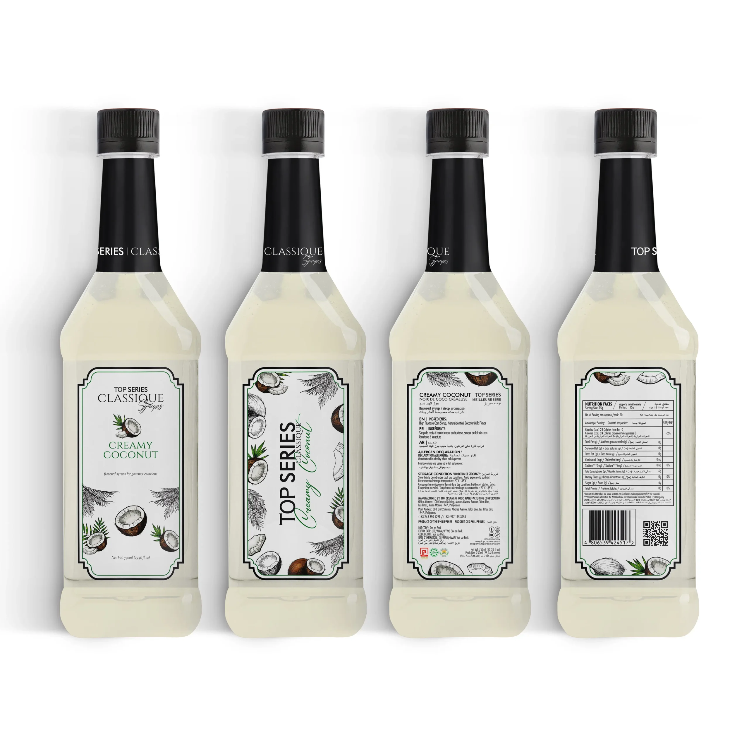 Row of four white syrup bottles with black caps, coconut-themed labels, lined up on a white background.
