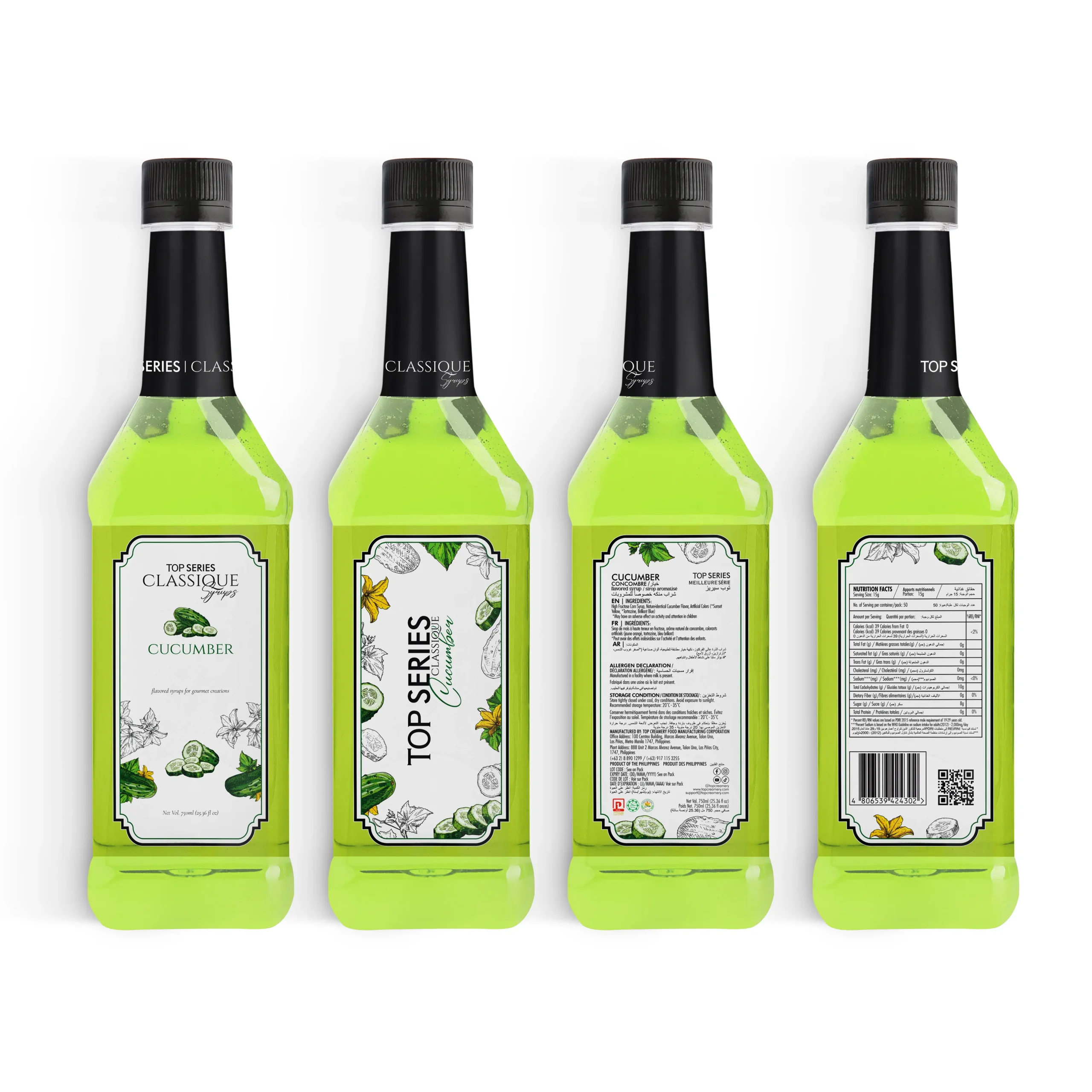 Four lime-green syrup bottles from the Top Series, arranged in a row with black caps visible at the top.",