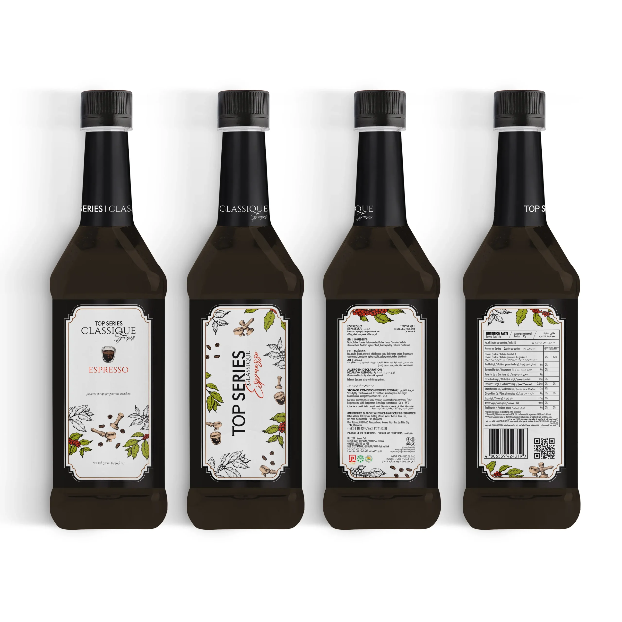 Four bottles with black caps lined up in a row, each displaying a white, ornate label with botanical artwork and 'Top Series Classic' text.