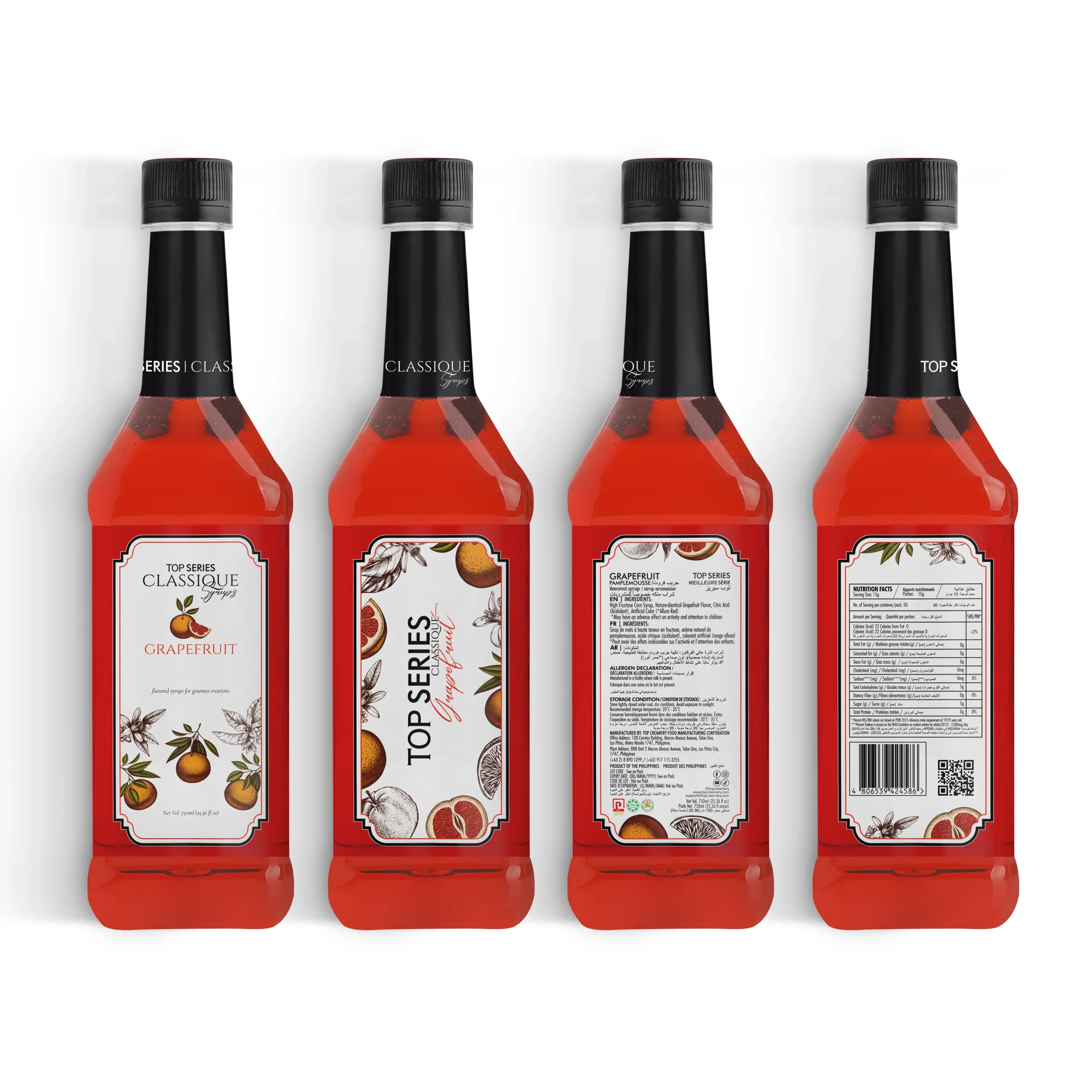 Four bottles lined up in a row, red bottles with black caps and grapefruit-themed labels