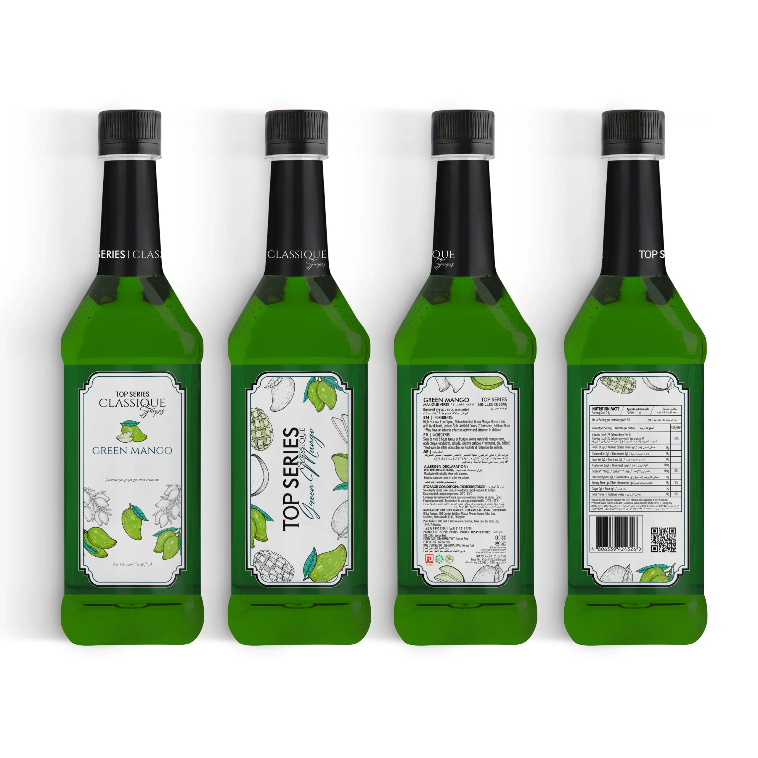 Row of four green glass bottles with black caps, each labeled with decorative fruit artwork on a white background.