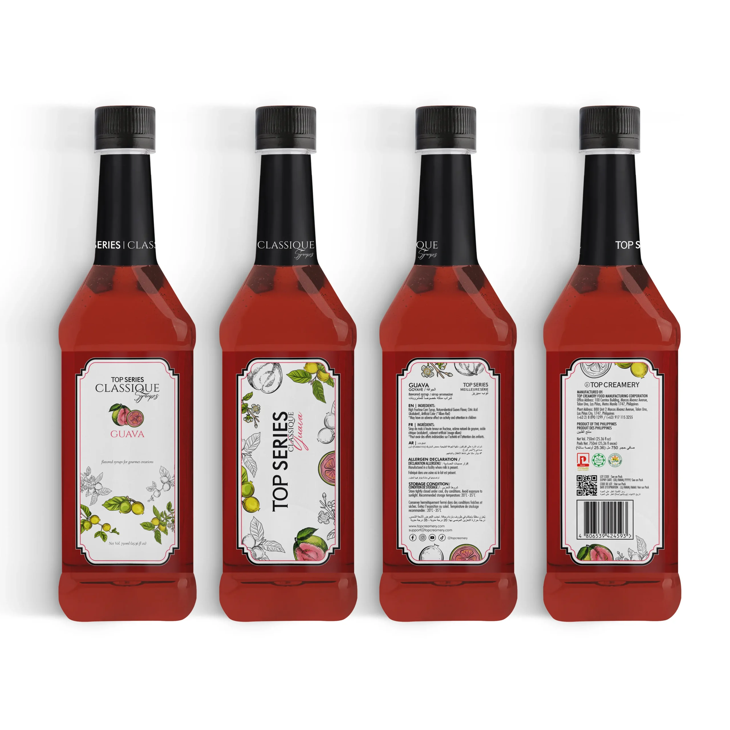 Four bottles in a row with black caps, labels featuring fruit illustrations (guava, lime) facing forward