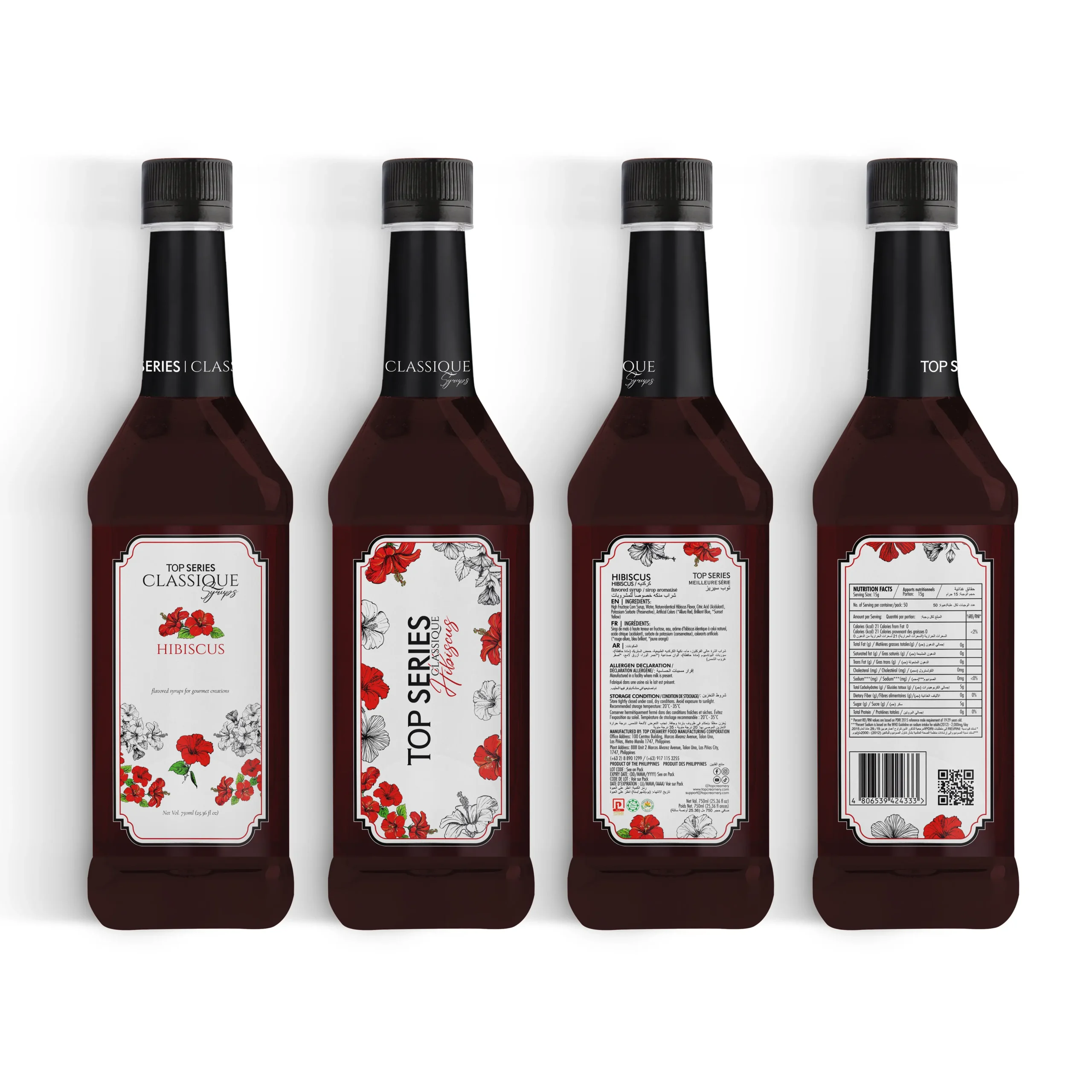 Row of four syrup bottles with black caps lined up, labels featuring hibiscus floral designs.