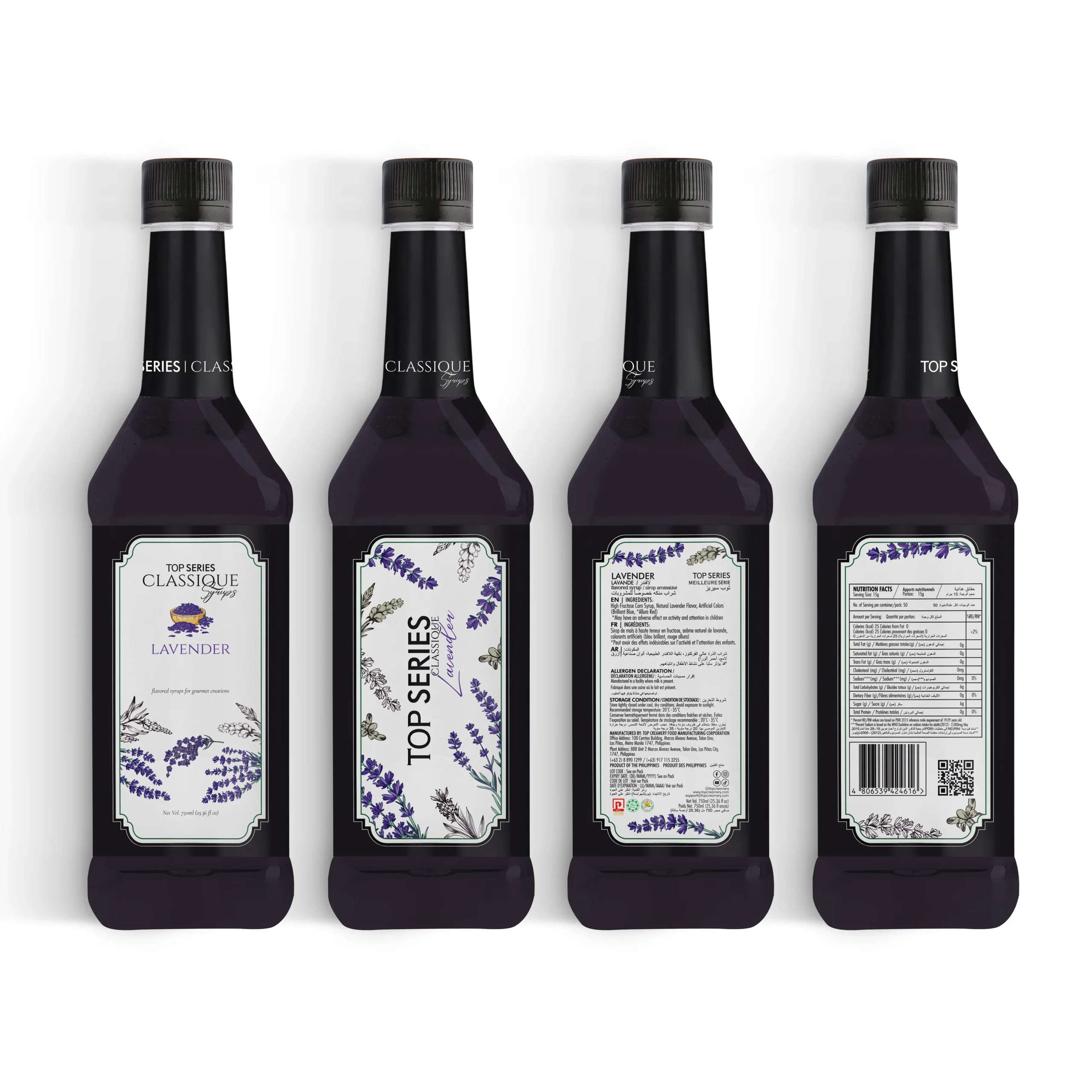 Row of four bottles with lavender-themed labels and black caps, lined up against a white background.