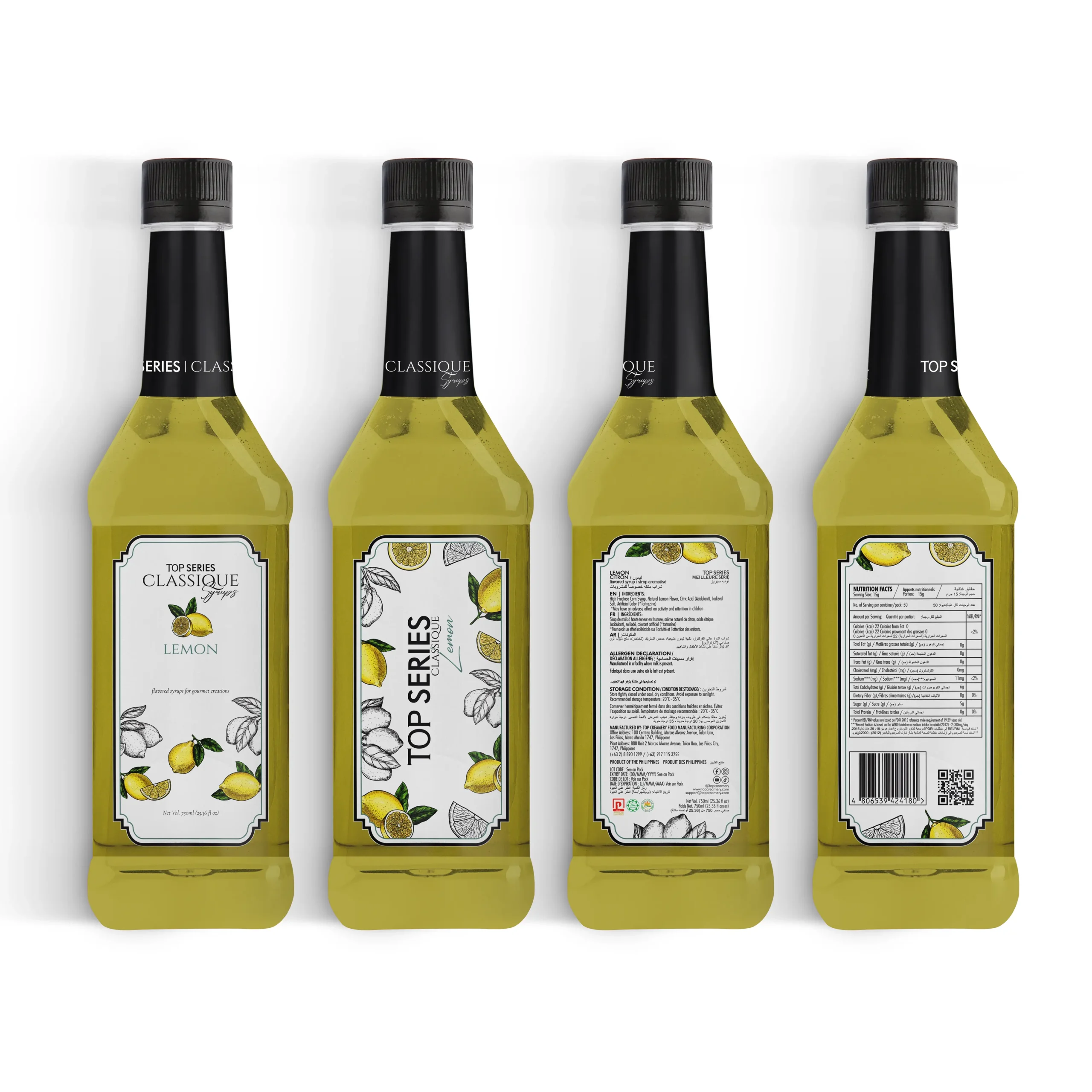 Four bottles of lemon syrup lined up in a row, labels featuring lemon illustrations and blue-green accents on yellow-green bottles, black caps