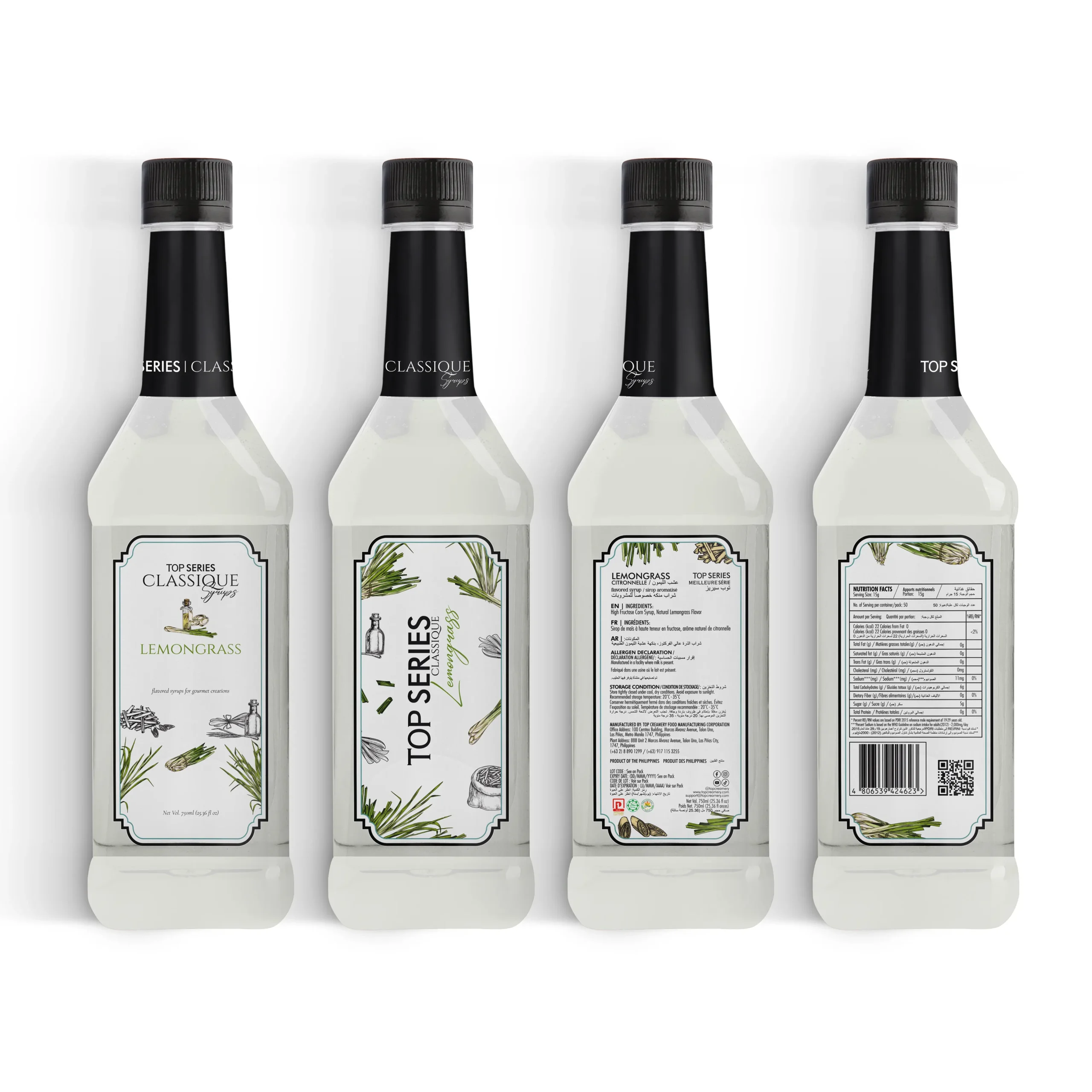 Four white syrup bottles with black caps lined up in a row, showing lemongrass and other botanical labels.