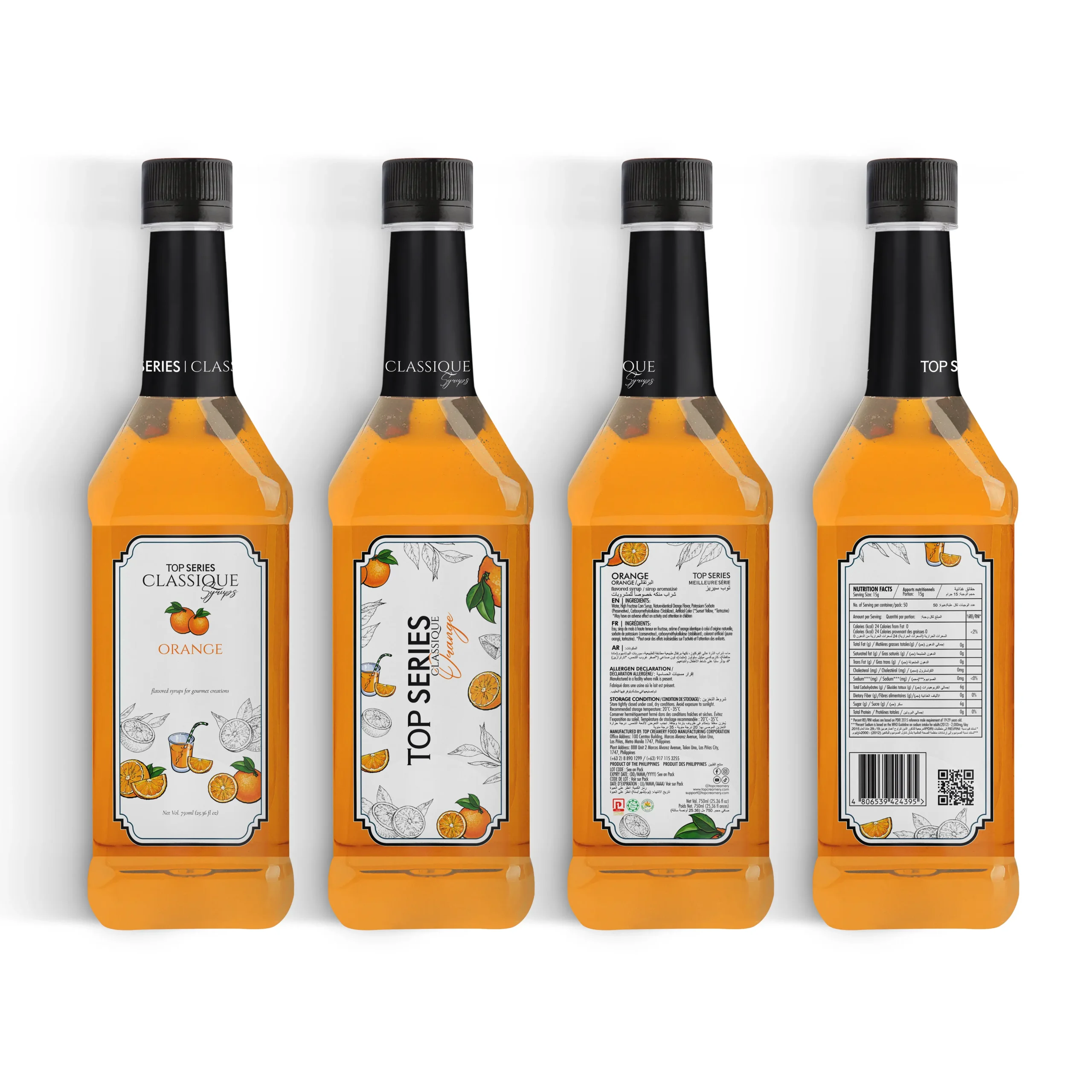 Four syrup bottles lined up with black caps and citrus-themed labels.