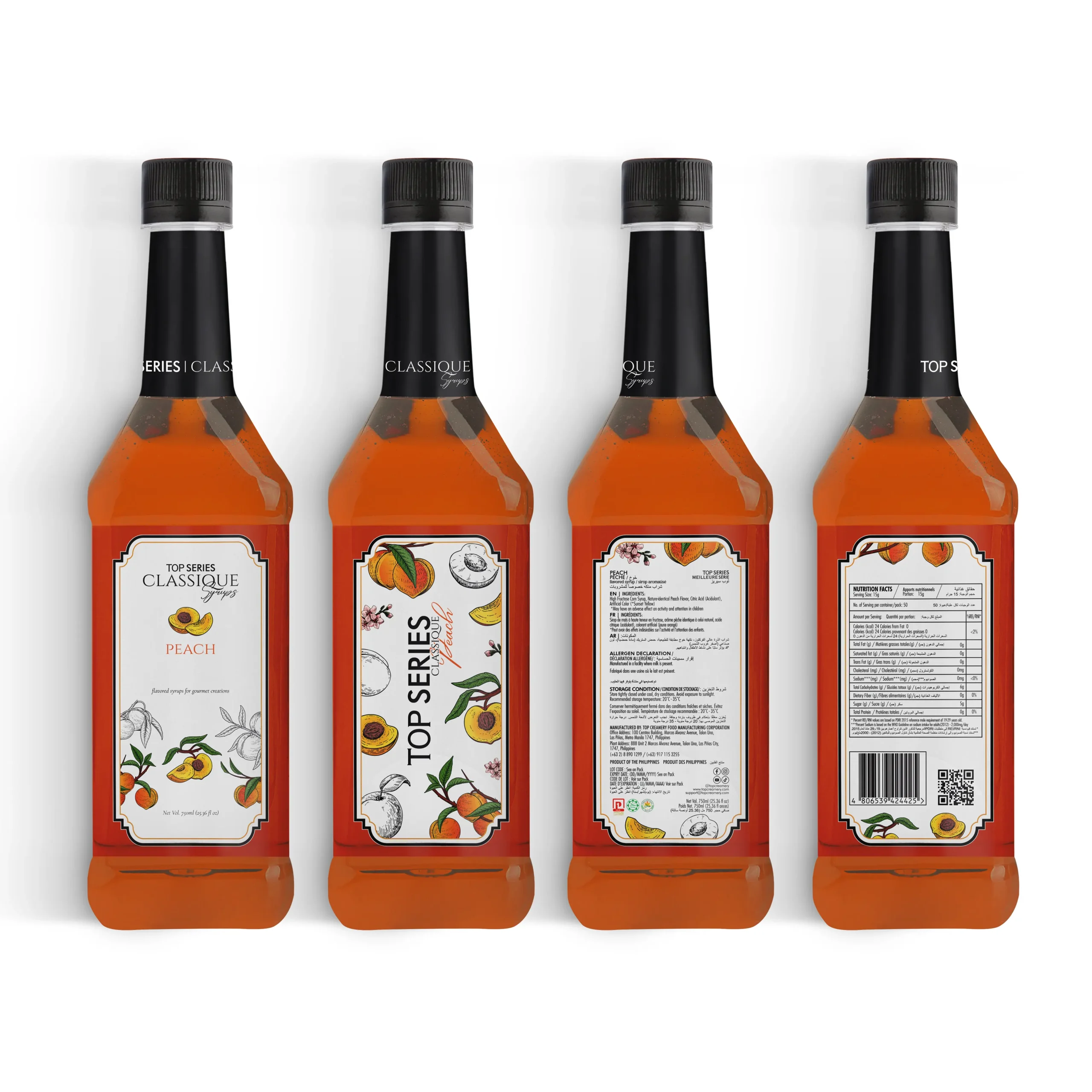 Four bottles of peach syrup lined up in a row, with orange liquid and black caps; front labels show peach illustrations and 'Top Series Classique' text.