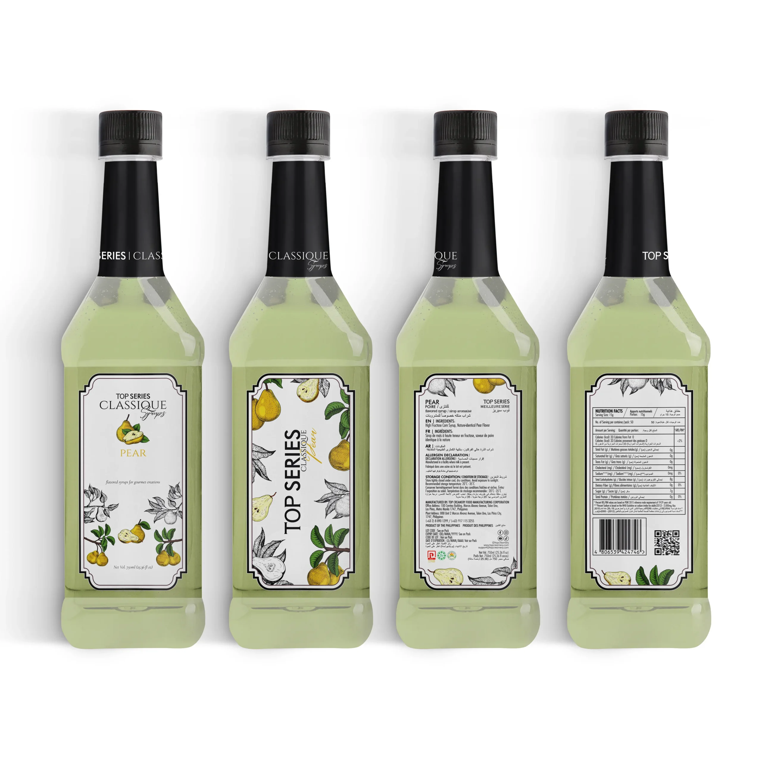 four bottles with black caps, aligned in a row, showing decorative fruit-label fronts at mid-body view