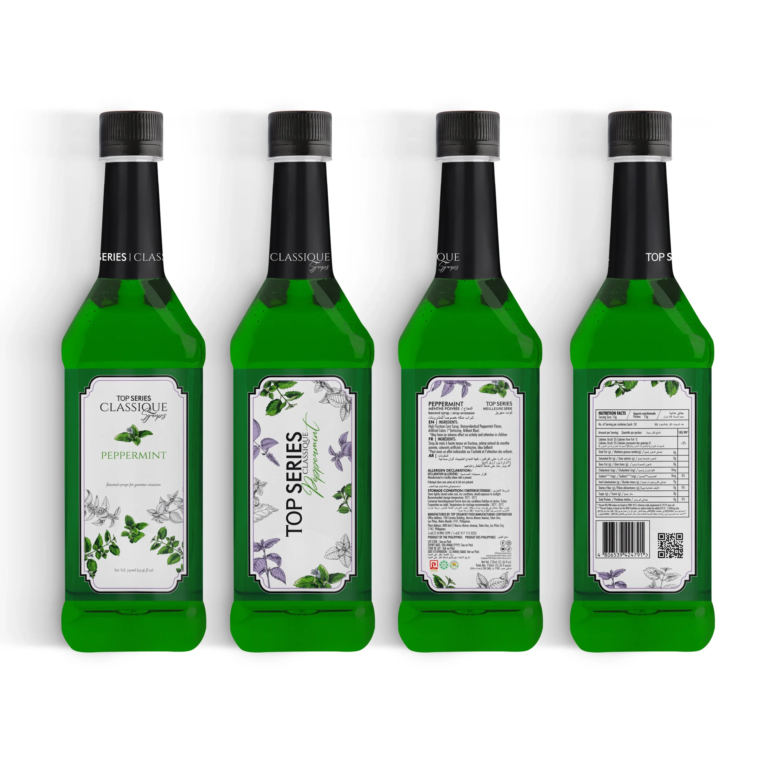 Four syrup bottles with black caps arranged in a row, peppermint flavor labels visible on each bottle