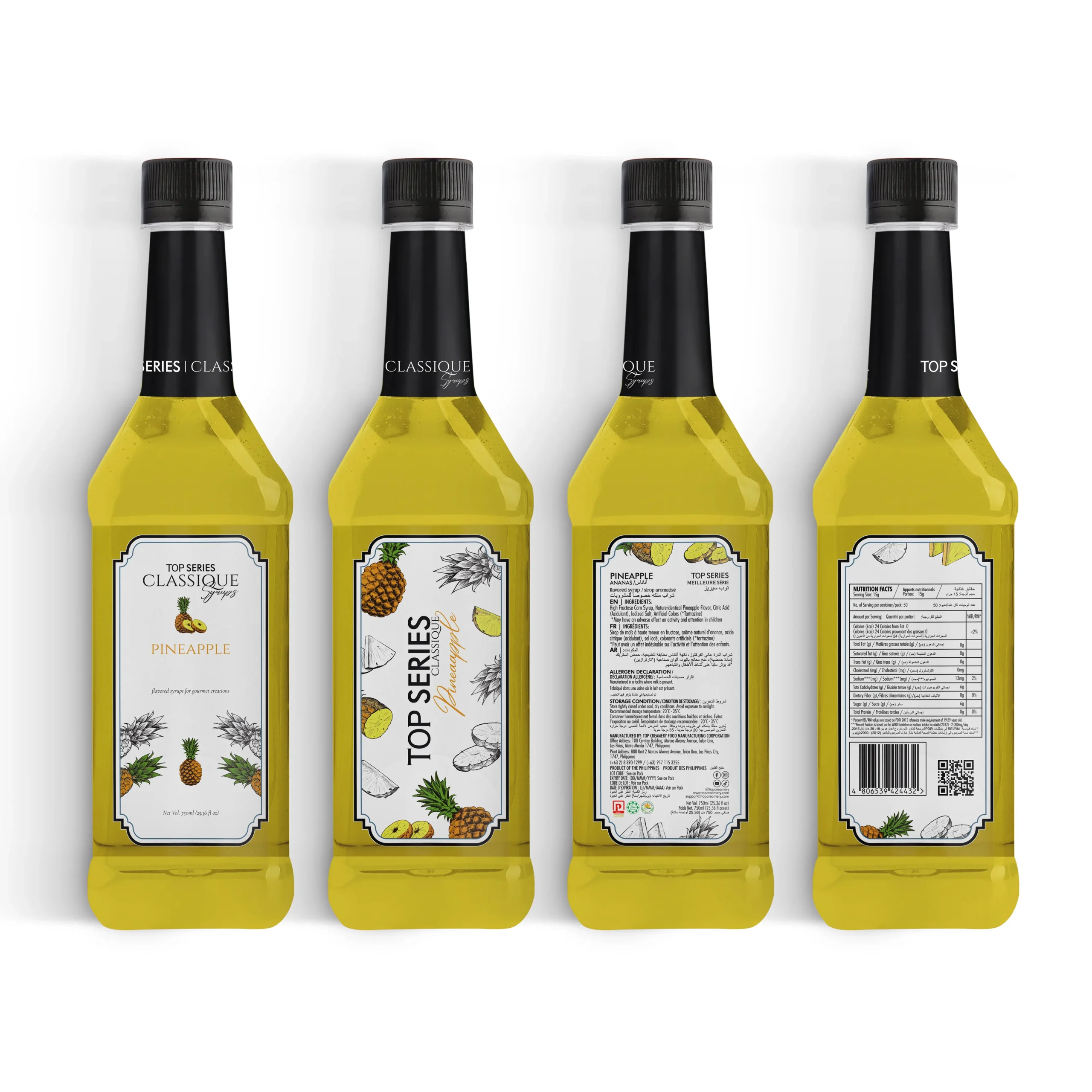 Four yellow bottles with black caps arranged in a row, featuring pineapple-themed labels.