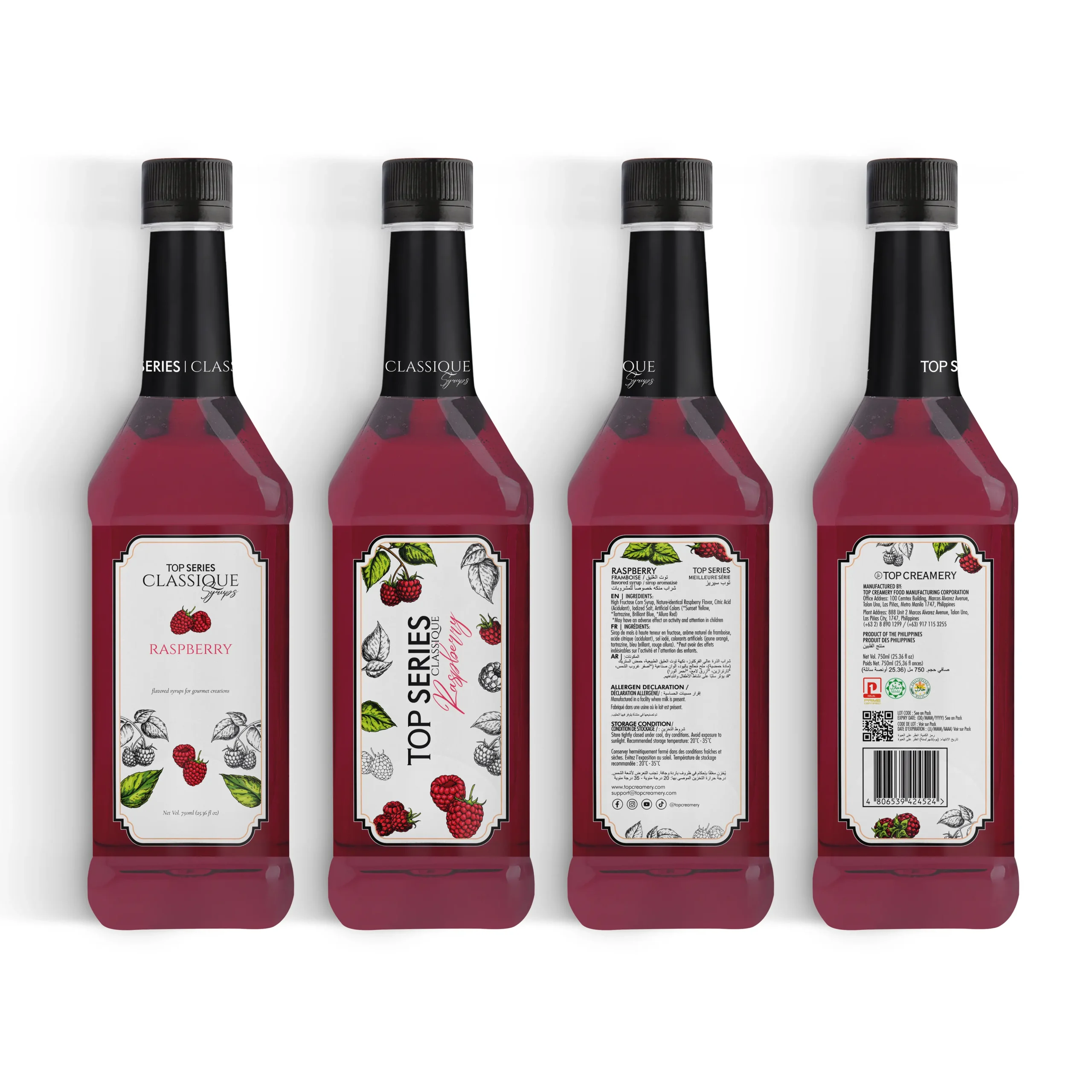 Four raspberry syrup bottles lined up in a row, front labels showing berry illustrations and red liquid inside.