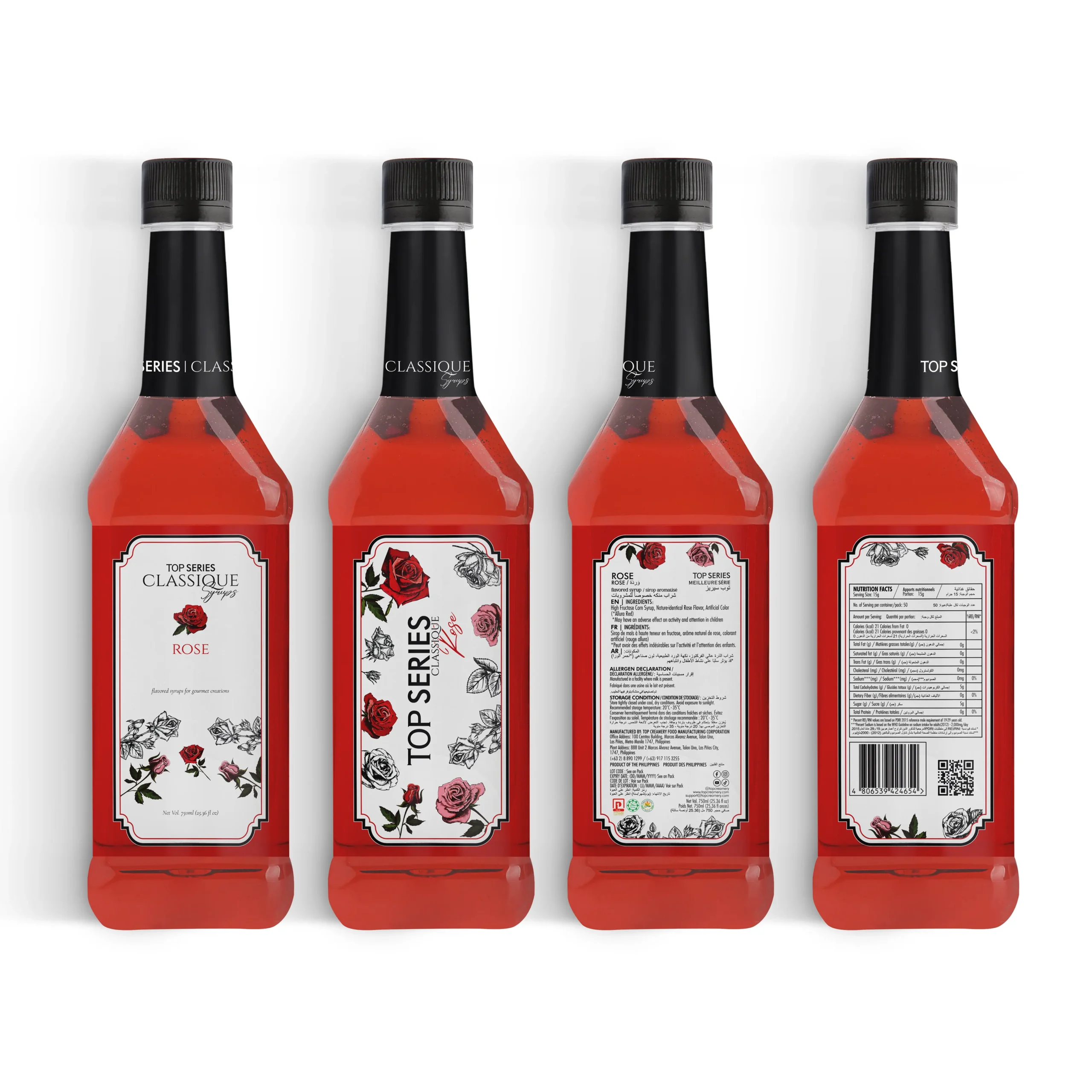 Four bottles lined up, each with a white rose label and black cap, showing the Top Series Classique branding in a row from the top of the bottles to the base.