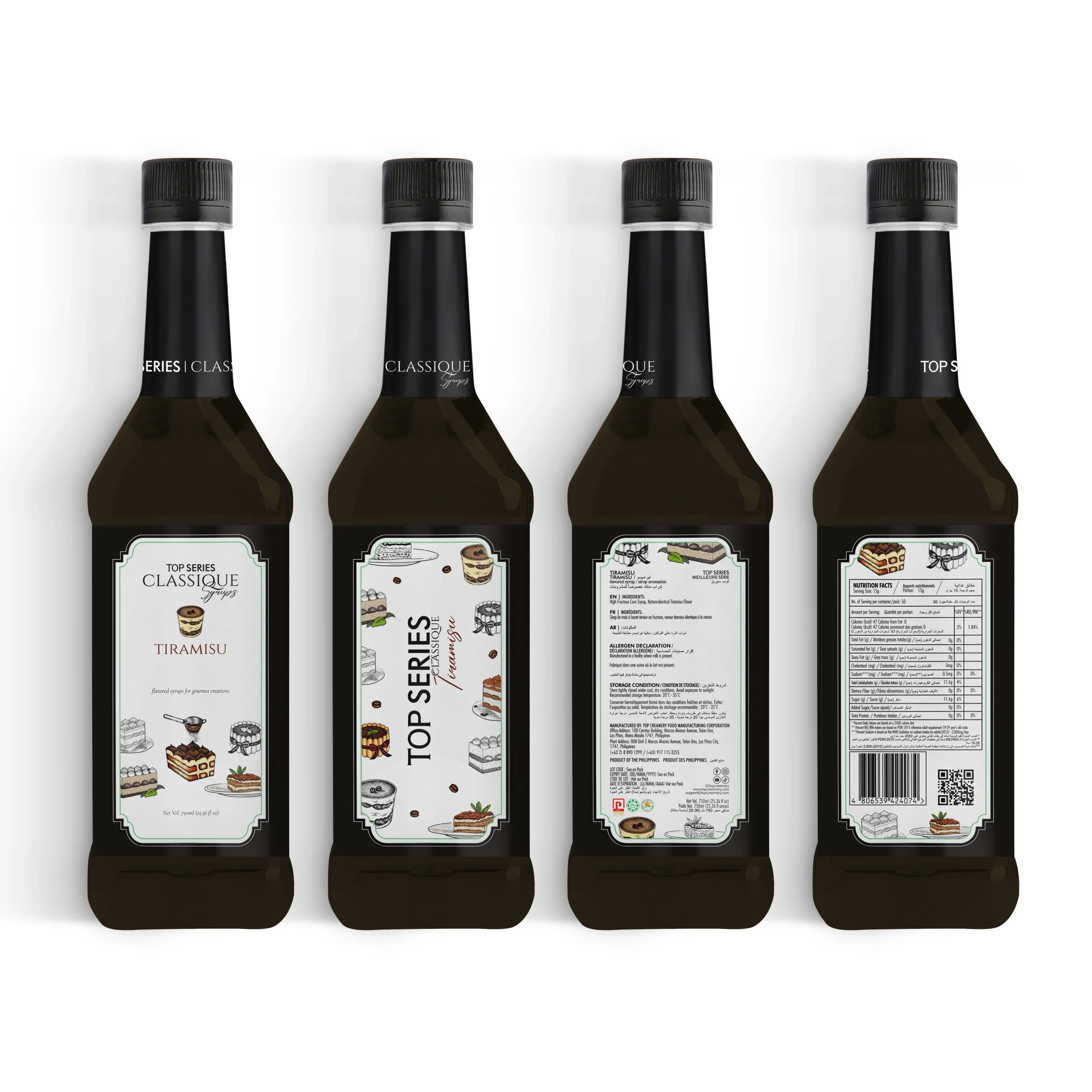 Row of four dark glass bottles with black caps, each features a decorative dessert label on a white background variant lineup image.