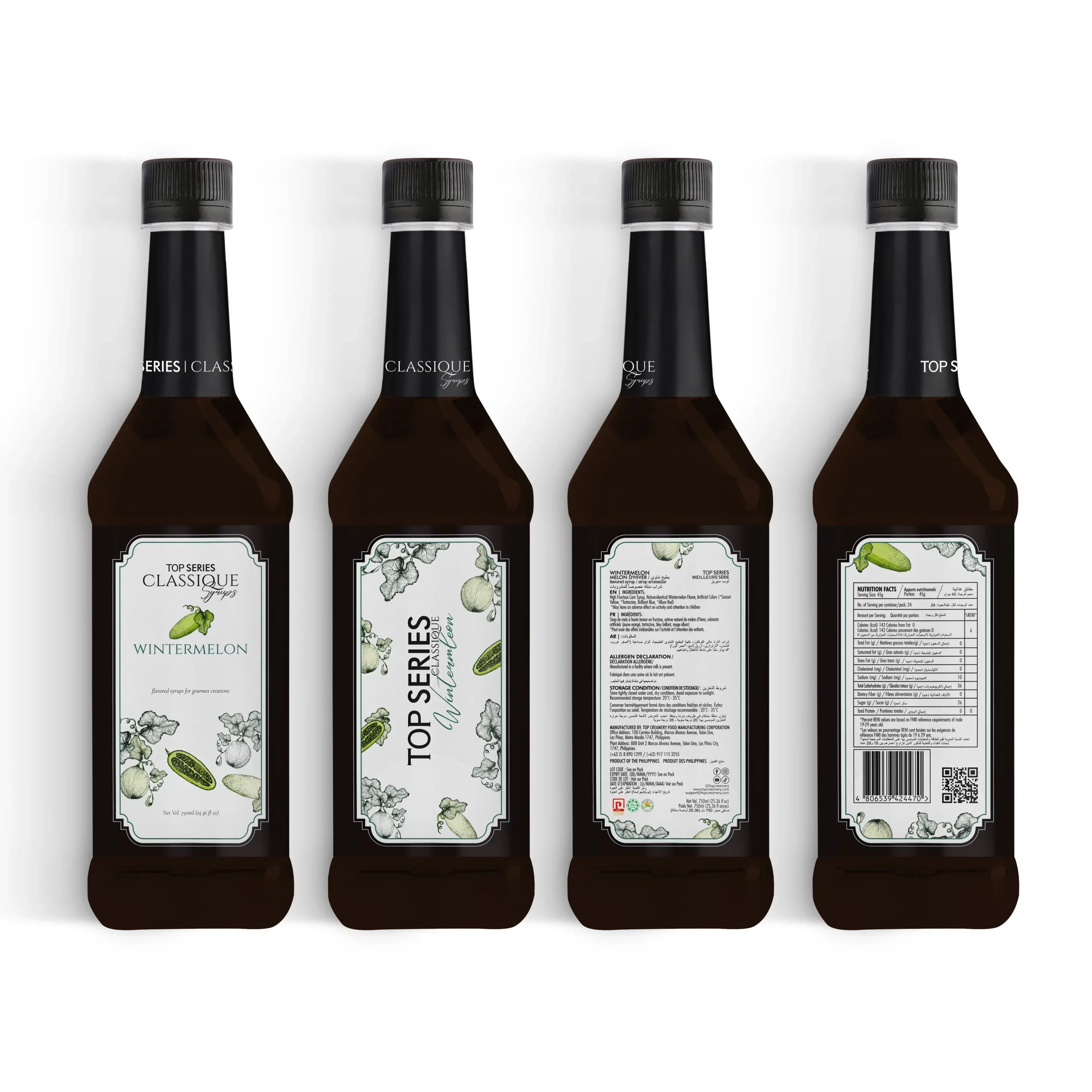 Four bottles lined up side by side, showing black caps and decorative illustrated labels on white backgrounds, forming a row.