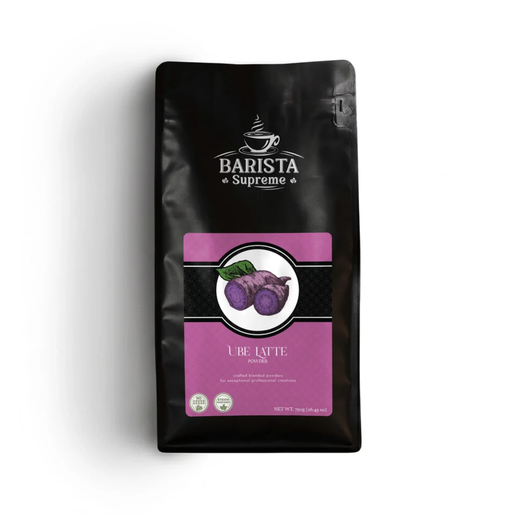 Product package of Barista Supreme Ube Latte powder, black pouch with a purple label and coffee cup logo on the front.