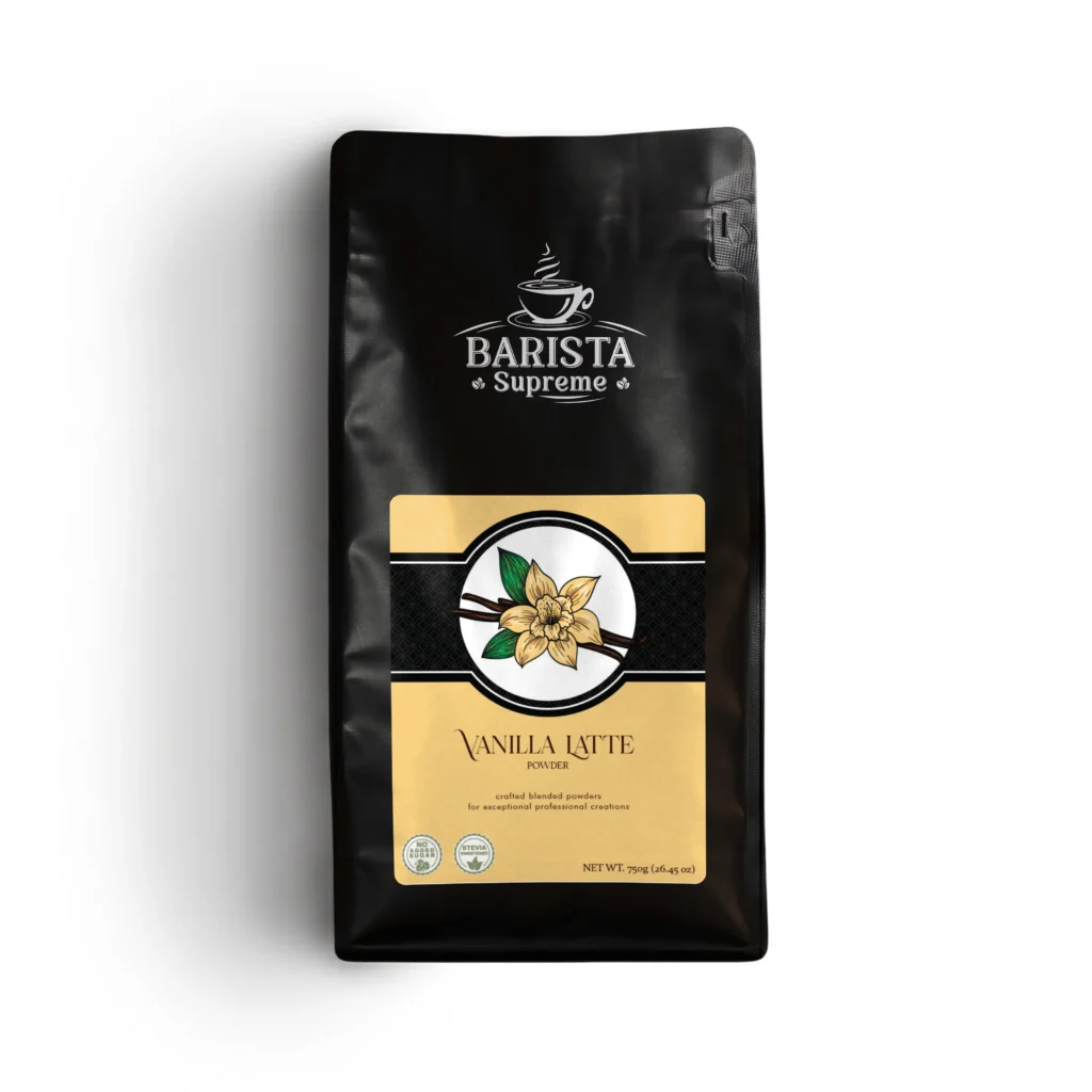 Black coffee bag with a Barista Supreme logo (steam rising from a cup) and a vanilla latte flavor label visible on a gold-tinted panel at the bottom of the package.