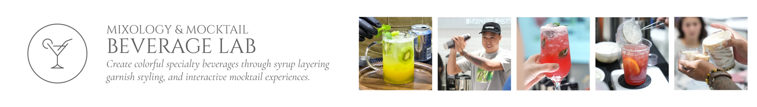 Header banner for Beverage Lab: circular cocktail logo, title and tagline, followed by a row of cocktail photos.