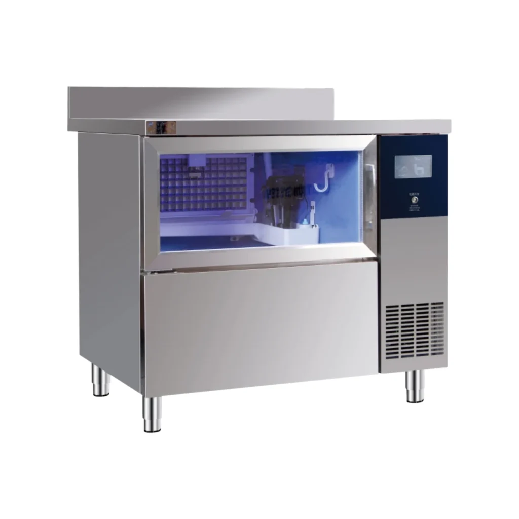 Commercial stainless steel oven with a transparent door, blue interior, and a control panel on the right.