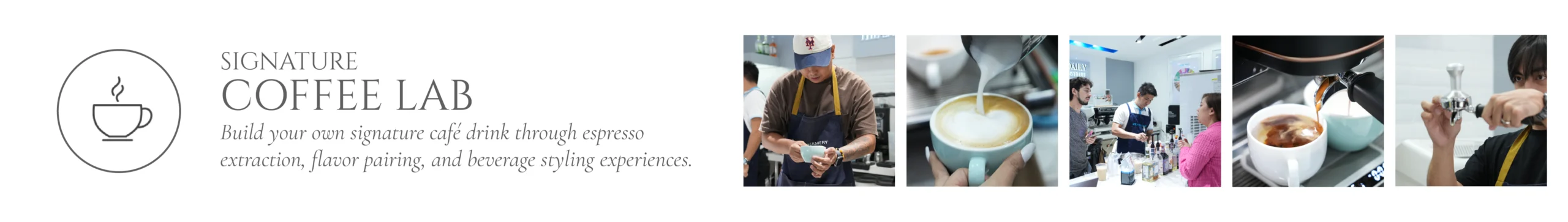 Signature Coffee Lab banner: circular steaming-cup logo, 'Signature Coffee Lab' title with tagline, followed by photos of baristas preparing and serving coffee.