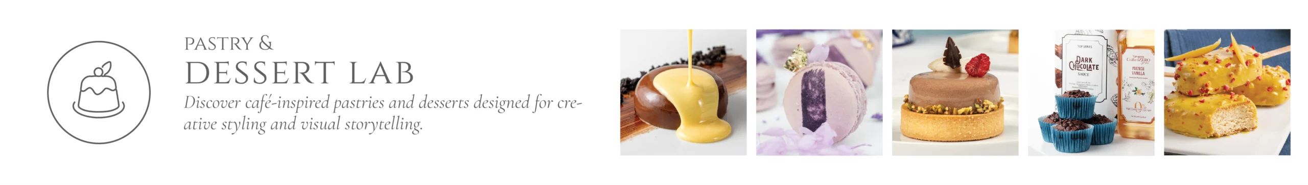 Brand banner for Pastry & Dessert Lab with circular cake icon, elegant typography, and a row of dessert images (caramel dessert, macarons, tart, cupcakes, yellow-coated bars).