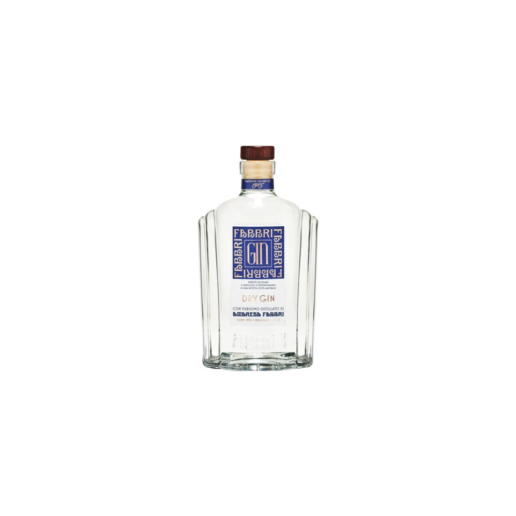 Clear glass gin bottle with a wooden cap and blue label against a white background, displaying the FABBRI branding.