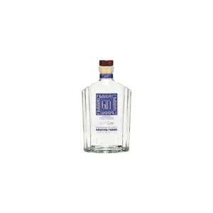 Clear glass gin bottle with a wooden cap and blue label against a white background, displaying the FABBRI branding.
