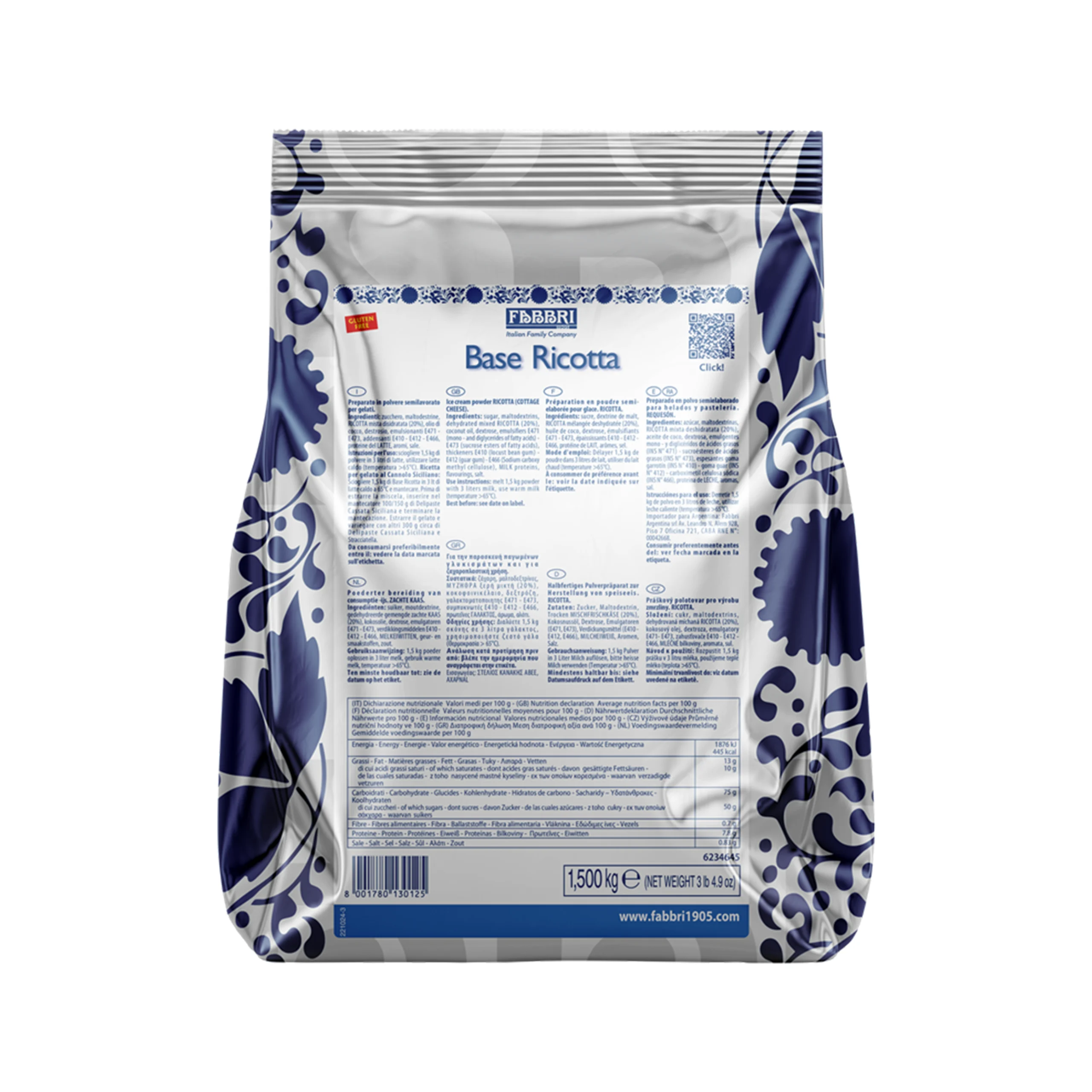 Bag of Fabbri Base Ricotta cheese in a blue-and-white decorative package with nutrition label visible on the back panel