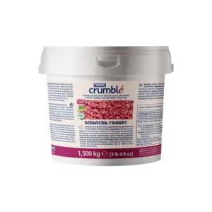 White plastic container with a white lid, showing a label for crumble topping (crumblé) and net weight 1,500 kg on a pink band.