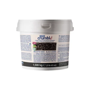 Large white tub of Crumble black cookie crumb with blue label and bold branding visible on the side.