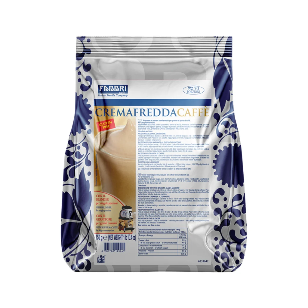 Front of a blue-and-white patterned coffee bag with the label 'CREMAFREDDA CAFFÉ' and brand logo visible, indicating a packaged coffee product.